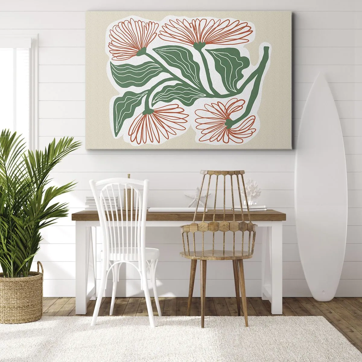 Bild auf Leinwand - Leinwandbild - Eine Blumenzeichnung im minimalistischen Stil mit grünen Blättern - 100x70cm - Im Folkstil und modern - Moderne Wanddekoration für Wohnzimmer und Schlafzimmer ARTTOR