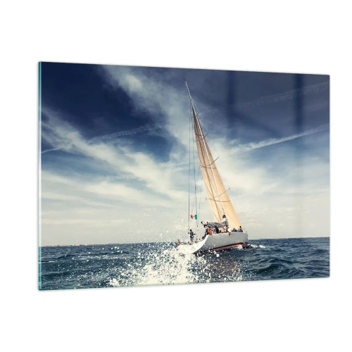 Glasbild - Bild auf glas - Eine Yacht segelt auf stürmischer See unter blauem Himmel - 120x80cm - Sie werden uns nicht einholen! - Moderne Wanddekoration für Wohnzimmer und Schlafzimmer ARTTOR