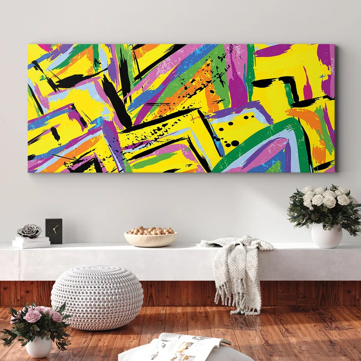 Bild auf Leinwand - Leinwandbild - Lebendige Abstraktion in leuchtenden Farben und dynamischen Formen - 160x50cm - Bis sie vor Freude schreit - Moderne Wanddekoration für Wohnzimmer und Schlafzimmer ARTTOR
