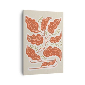 Bild auf Leinwand - Leinwandbild - Ein minimalistisches Blattmotiv in Orange- und Grüntönen. - 70x100cm - Im Folkstil und korallenartig - Moderne Wanddekoration für Wohnzimmer und Schlafzimmer ARTTOR