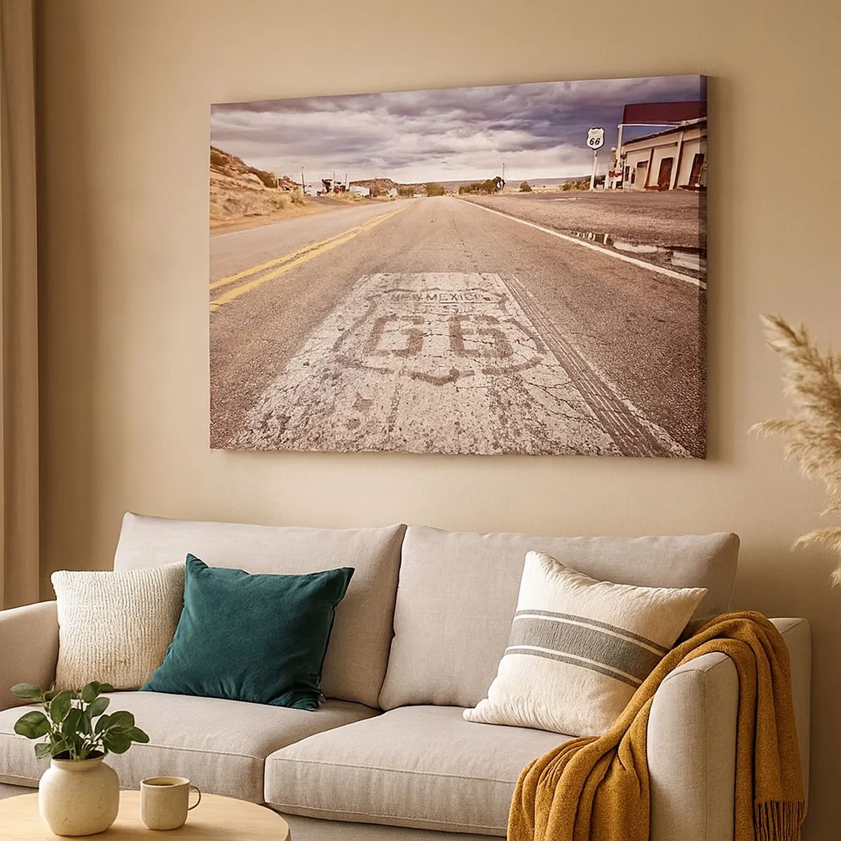 Bild auf Leinwand - Leinwandbild - Route 66 in einem Wüstenklima mit malerischem Himmel - 70x50cm - Mother Road - eine amerikanische Legende - Moderne Wanddekoration für Wohnzimmer und Schlafzimmer ARTTOR