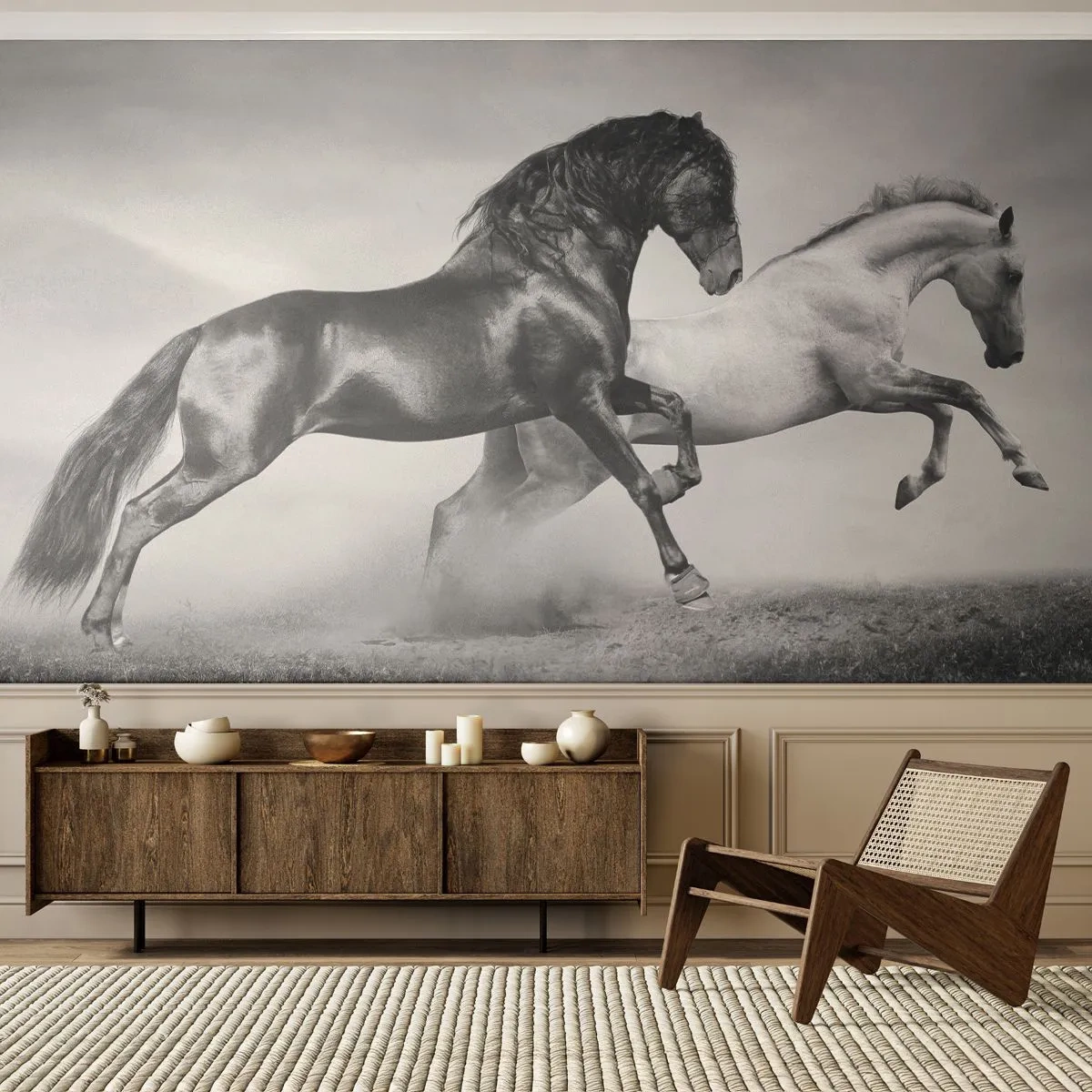 Fototapete Premium Sand - Schwarz-weiße Pferde im dynamischen Galopp - 100x70cm - Engel und Dämonen - Moderne Wanddekoration für Wohnzimmer und Schlafzimmer ARTTOR