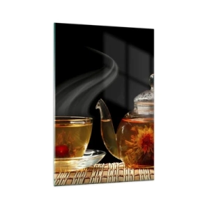 Glasbild - Bild auf glas - Glasteekanne mit Blumentee und einer Tasse - 70x100cm - Die Magie und Kunst des Teezubereitens - Moderne Wanddekoration für Wohnzimmer und Schlafzimmer ARTTOR