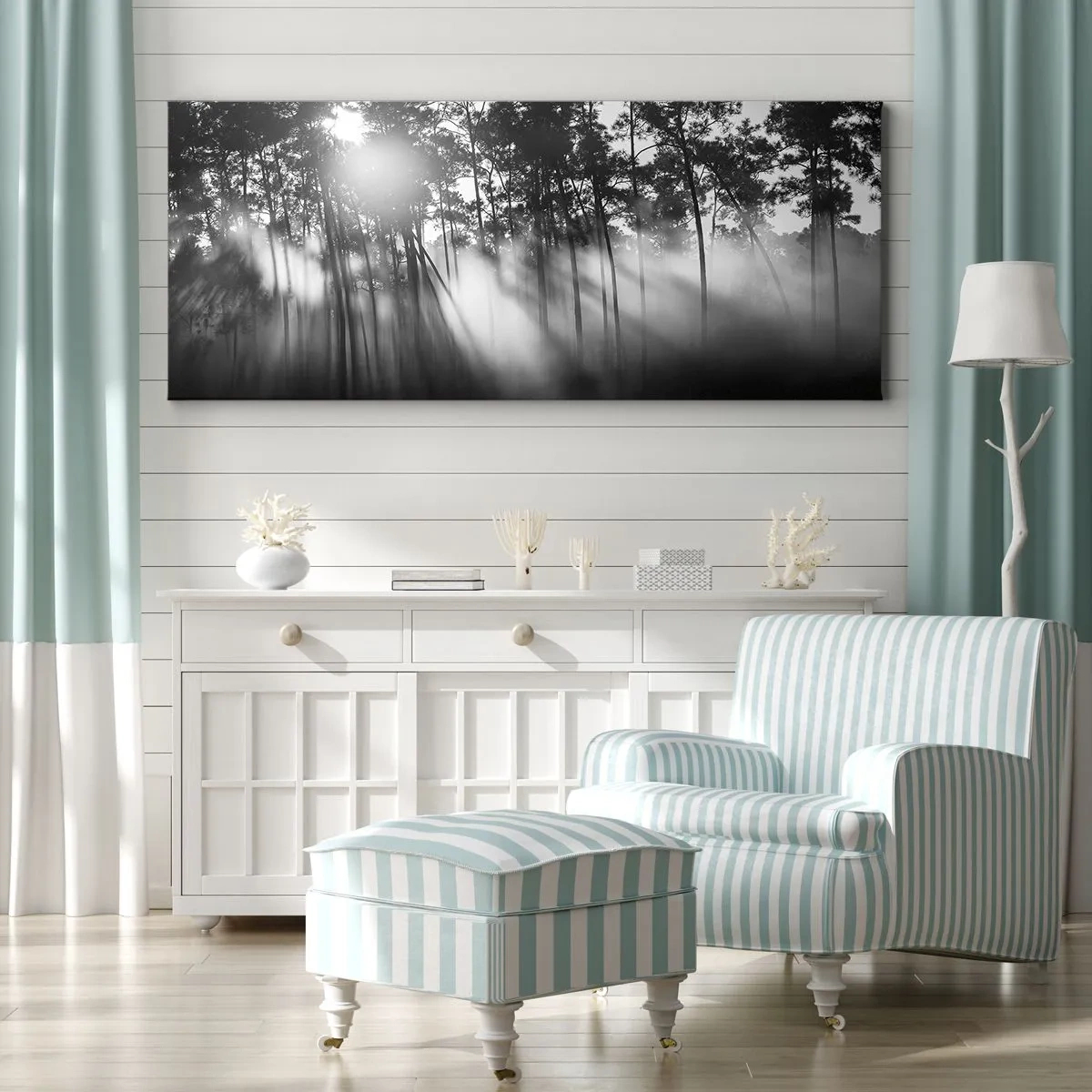 Bild auf Leinwand - Leinwandbild - Schwarz-weißer Wald im Morgennebel - 140x50cm - Unaufhaltsame Sonne - Moderne Wanddekoration für Wohnzimmer und Schlafzimmer ARTTOR