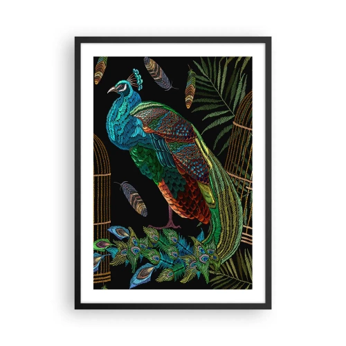Poster in einem schwarzem Rahmen - Ein bunter Pfau vor einem Hintergrund aus goldenen Käfigen und grünen Blättern. - 50x70cm - In königlichen Gewändern - Moderne Wanddekoration für Wohnzimmer und Schlafzimmer ARTTOR