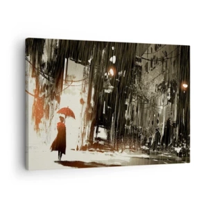 Bild auf Leinwand - Leinwandbild - Eine rote Figur mit einem Regenschirm in einer regnerischen Szene - 70x50cm - Die Poesie des roten Regenschirms - Moderne Wanddekoration für Wohnzimmer und Schlafzimmer ARTTOR