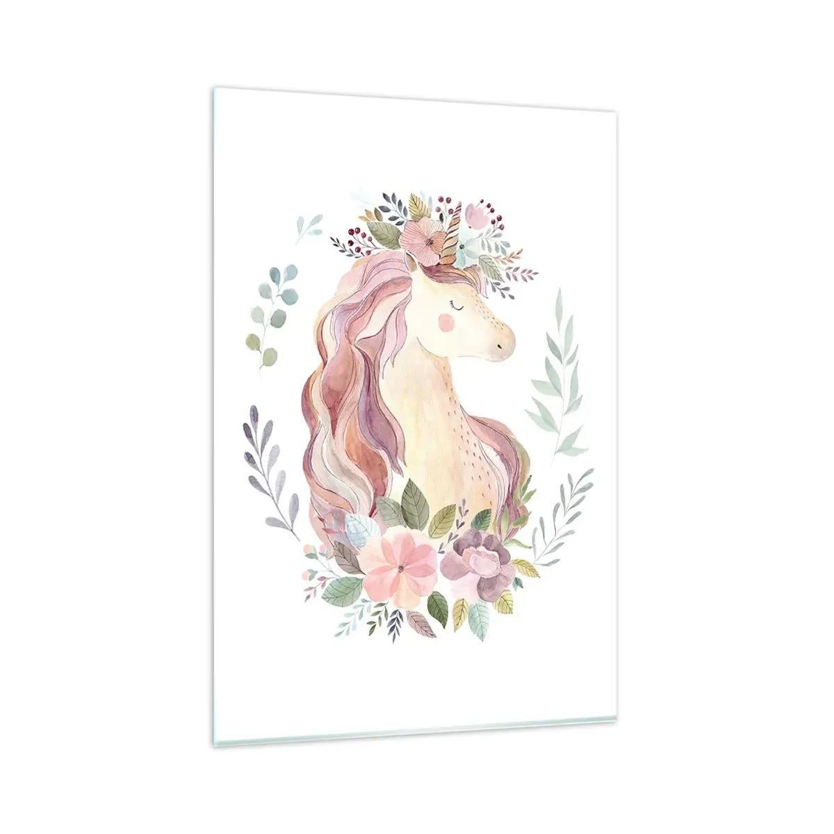 Glasbild - Bild auf glas - Ein Einhorn in Pastellfarben, umgeben von Blumen - 80x120cm - Eine Einladung in die Welt der Märchen - Moderne Wanddekoration für Wohnzimmer und Schlafzimmer ARTTOR