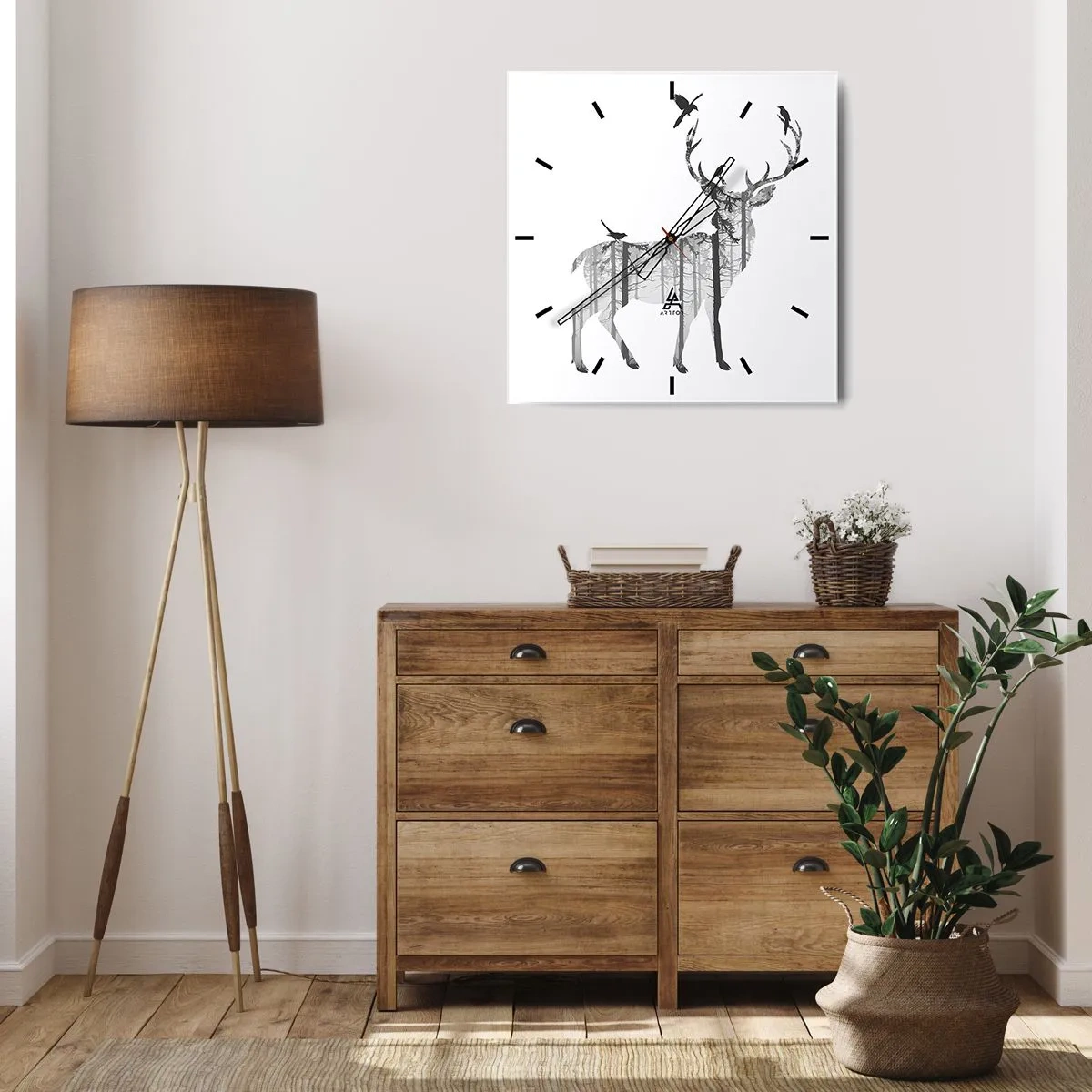 Wanduhr - Glasuhr - Silhouette eines Hirsches mit Wald und Vögeln - 30x30cm - Guter Waldgeist - Moderne Wanddekoration für Wohnzimmer und Schlafzimmer ARTTOR