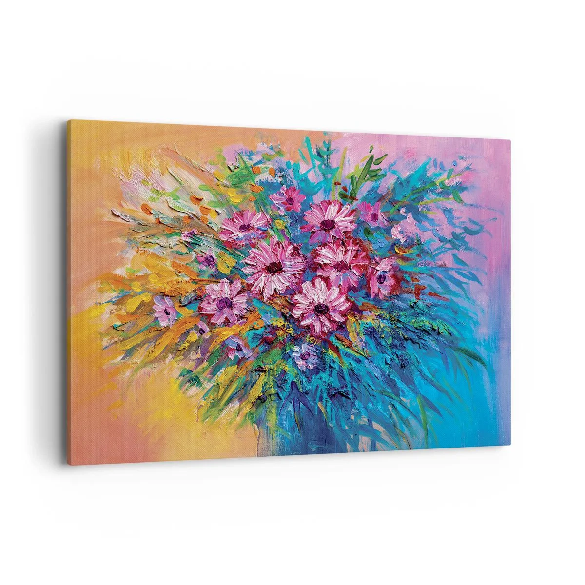 Bild auf Leinwand - Leinwandbild - Bunte Blumen in einem Strauß vor pastellfarbenem Hintergrund - 120x80cm - Lebensenergie - Moderne Wanddekoration für Wohnzimmer und Schlafzimmer ARTTOR