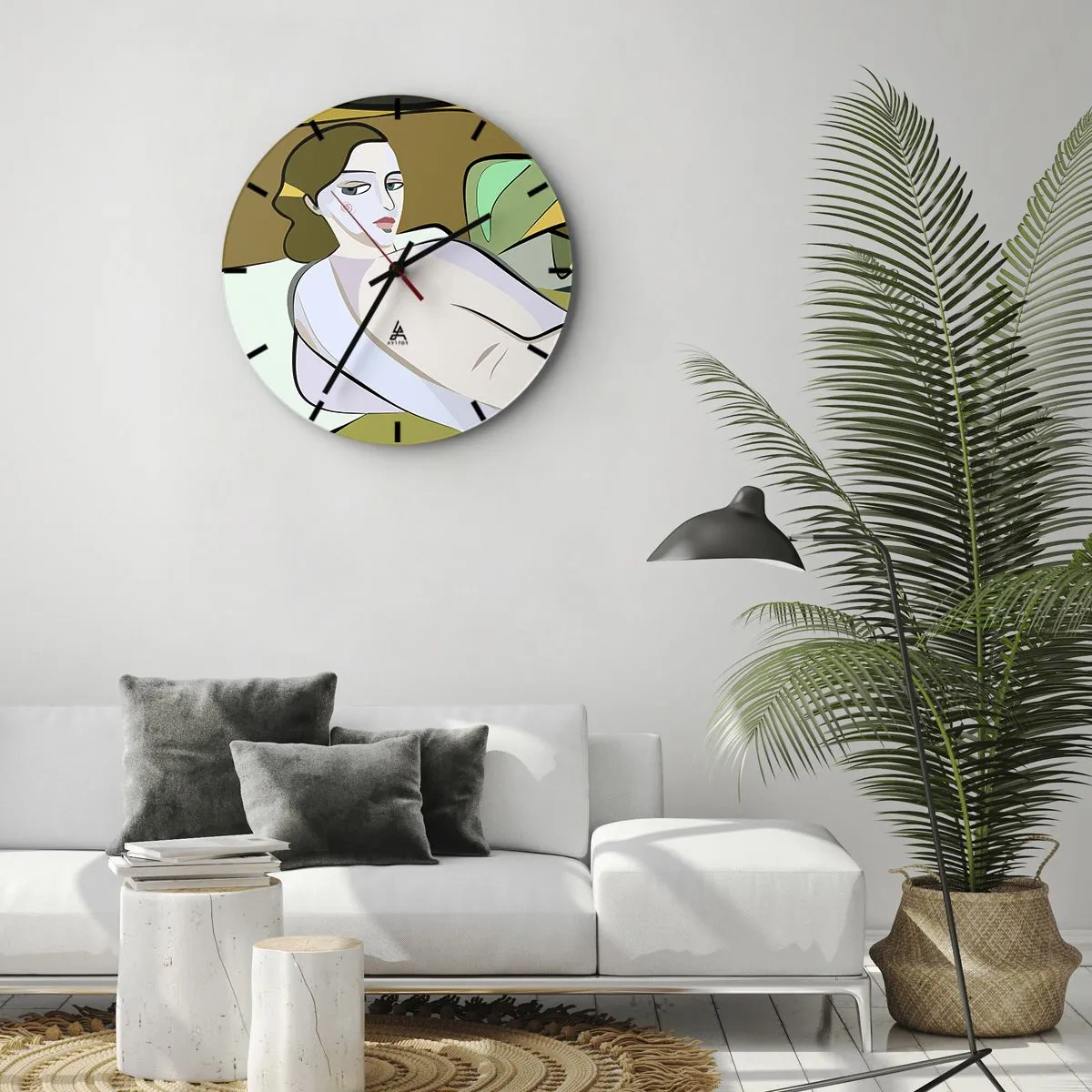 Wanduhr - Glasuhr - Eine weibliche Figur im kubistischen Stil vor abstraktem Hintergrund - 30x30cm - Intimes Porträt - Moderne Wanddekoration für Wohnzimmer, Küche und Schlafzimmer ARTTOR