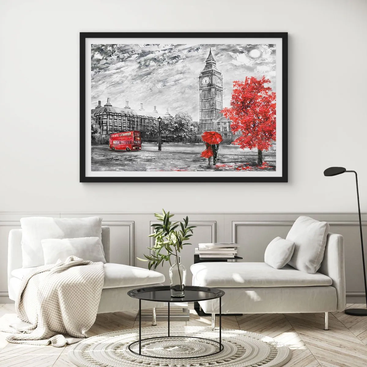 Poster in einem schwarzem Rahmen - Ikonische Ansicht von London mit Big Ben, einem roten Bus und einem Regenschirm - 70x50cm - Ein aufregender Tag - Moderne Wanddekoration für Wohnzimmer und Schlafzimmer ARTTOR