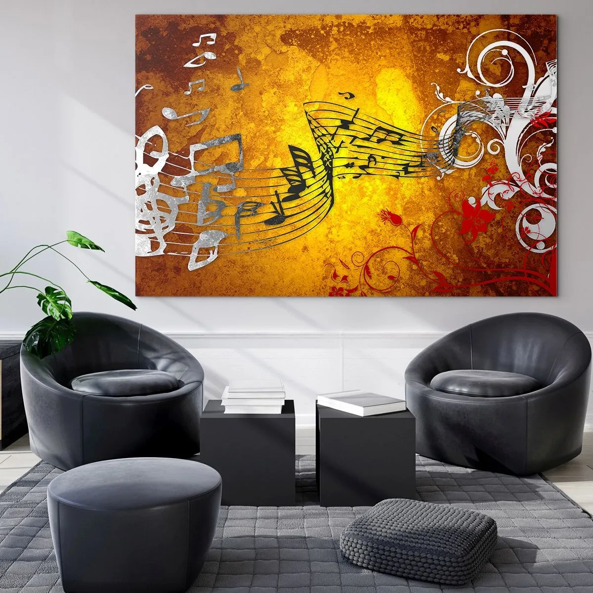 Glasbild - Bild auf glas - Musikalische Motive vor einem Hintergrund aus goldenen Ornamenten - 100x70cm - Lass die Musik fließen - Moderne Wanddekoration für Wohnzimmer und Schlafzimmer ARTTOR