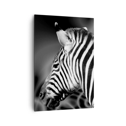 Bild auf Leinwand - Leinwandbild - Schwarz-Weiß-Porträt eines Zebras vor einem Hintergrund abstrakter Muster. - 70x100cm - Weiß ist weiß und schwarz ist schwarz - Moderne Wanddekoration für Wohnzimmer und Schlafzimmer ARTTOR