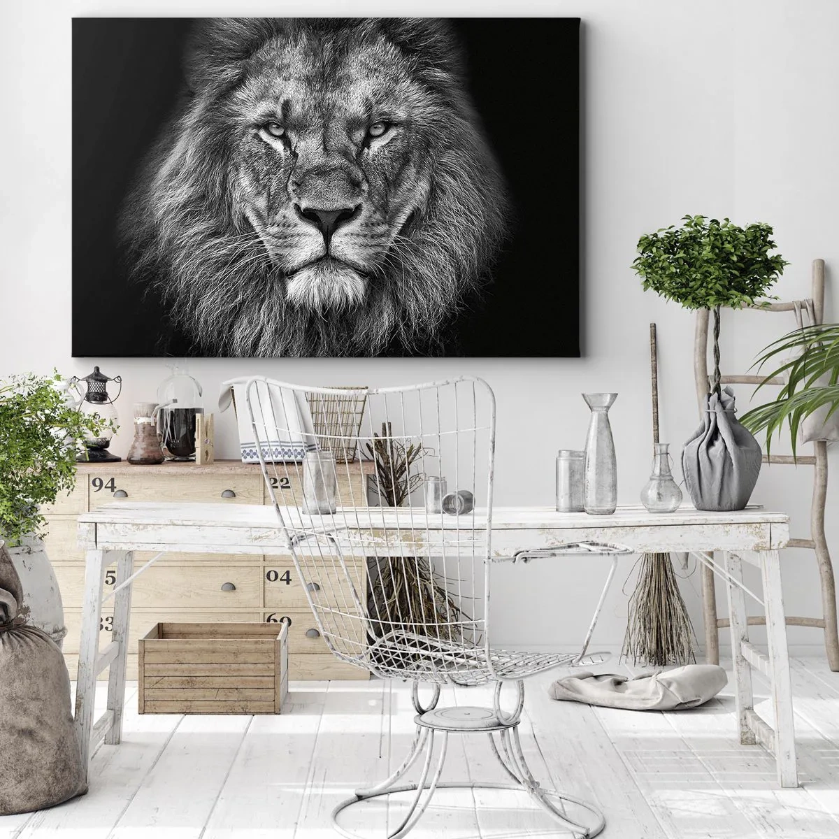 Bild auf Leinwand - Leinwandbild - Porträt eines majestätischen Löwen in Schwarz und Weiß - 70x50cm - Im Krönungsgewand - Moderne Wanddekoration für Wohnzimmer und Schlafzimmer ARTTOR