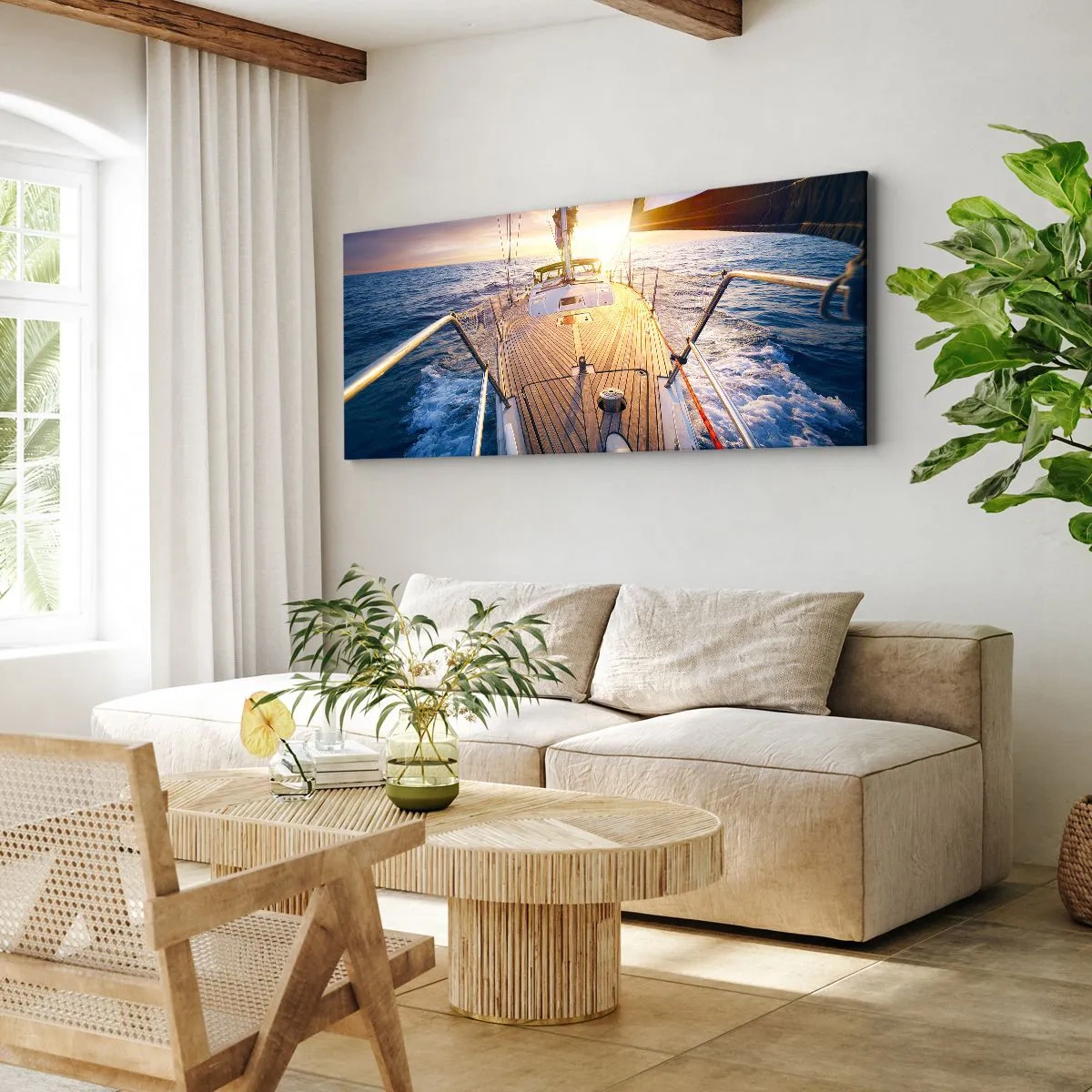 Bild auf Leinwand - Leinwandbild - Yacht auf See bei Sonnenuntergang - 120x50cm - Laufen unter den Wellen - Moderne Wanddekoration für Wohnzimmer und Schlafzimmer ARTTOR