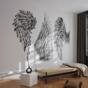 Fototapete Premium Sand - Skizze von drei Flügelpaaren auf weißem Hintergrund - 100x70cm - Und du kannst ein Engel werden - Moderne Wanddekoration für Wohnzimmer und Schlafzimmer ARTTOR