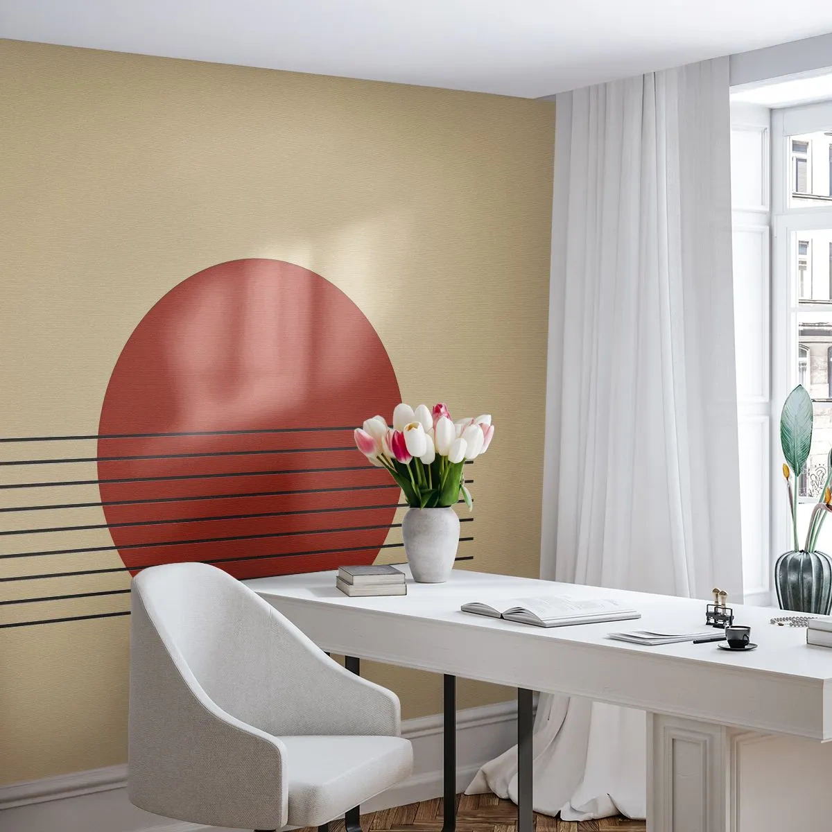 Fototapete Standard Eco - Eine minimalistische Sonne mit Linien auf beigem Hintergrund. - 100x70cm - Immer wieder und weiter - Moderne Wanddekoration für Wohnzimmer und Schlafzimmer ARTTOR