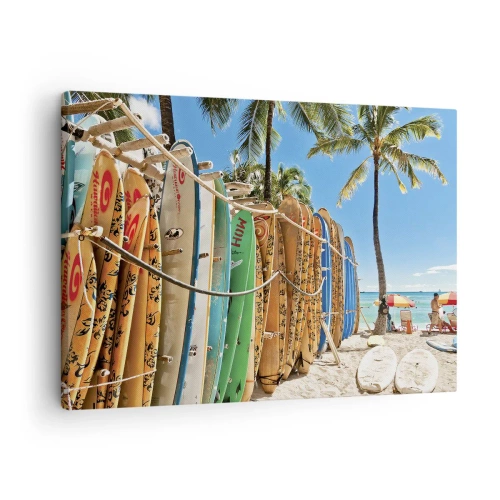 Bild auf Leinwand - Leinwandbild - Surfbretter an einem Strand mit Palmen - 70x50cm - Sonniger Spaß - Moderne Wanddekoration für Wohnzimmer und Schlafzimmer ARTTOR