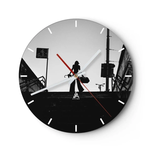 Wanduhr - Glasuhr - Silhouette einer Frau auf der Treppe in einer kontrastierenden Schwarz-Weiß-Aufnahme - 30x30cm - Städtisches Wandern - Moderne Wanddekoration für Wohnzimmer, Küche und Schlafzimmer ARTTOR