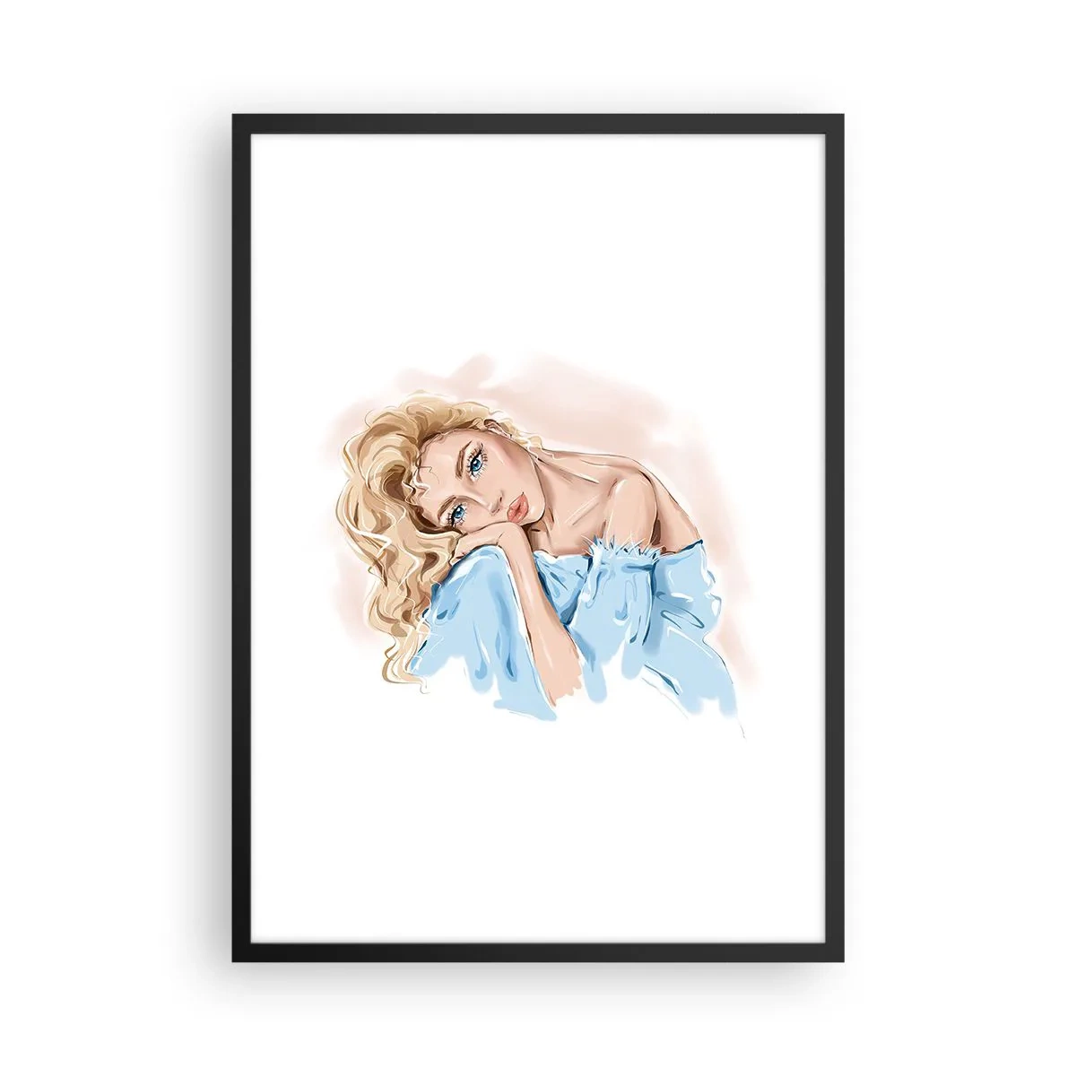 Poster in einem schwarzem Rahmen - Ein subtiles Frauenporträt in zarten Farben - 50x70cm - Verträumt im Blau - Moderne Wanddekoration für Wohnzimmer und Schlafzimmer ARTTOR