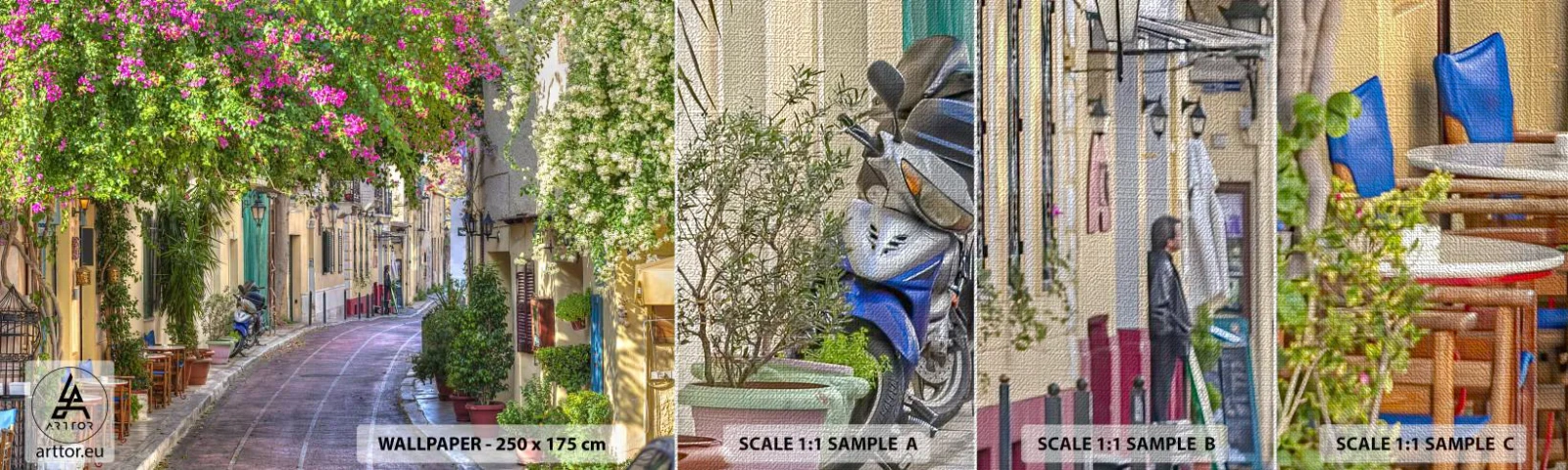 Fototapeten Muster Premium Canvas - Blühende Gasse - Die Architektur, Griechenland, Stadt - 100x30 cm