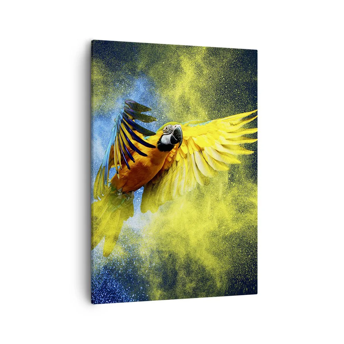 Bild auf Leinwand - Leinwandbild - Ein Papagei im Flug vor einem Hintergrund aus farbenfrohen Explosionen in Gelb und Blau. - 50x70cm - Im blauen und goldenen Staub - Moderne Wanddekoration für Wohnzimmer und Schlafzimmer ARTTOR