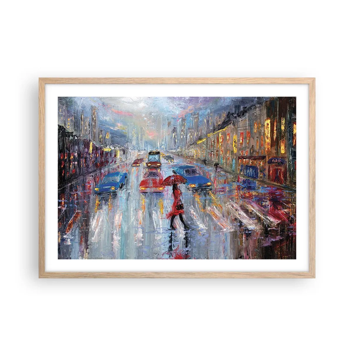 Poster in einem Rahmen aus heller Eiche - Regnerischer Nachmittag in der Stadt - 70x50 cm
