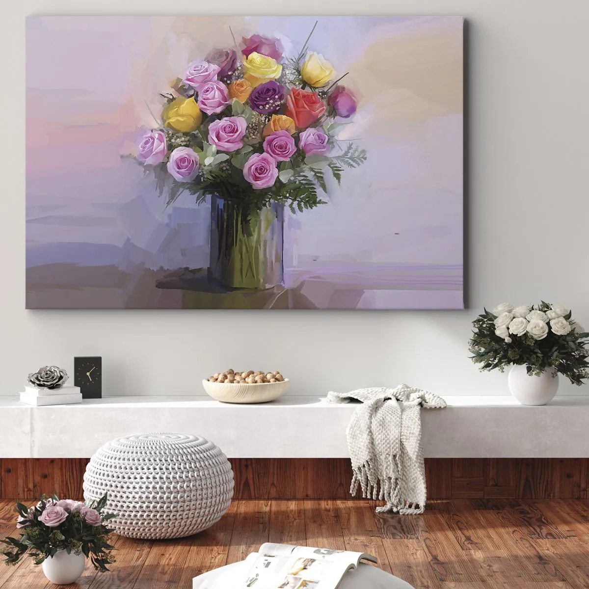 Bild auf Leinwand - Leinwandbild - Ein Strauß bunter Rosen in einer Glasvase - 100x70cm - Festgehaltene Schönheit - Moderne Wanddekoration für Wohnzimmer und Schlafzimmer ARTTOR