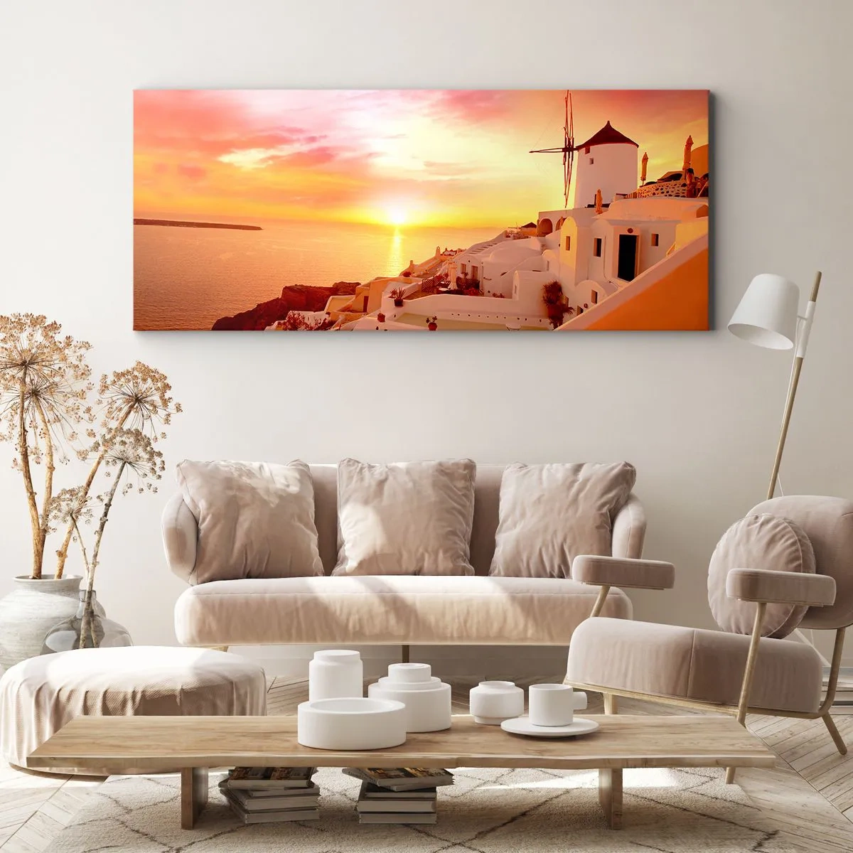 Bild auf Leinwand - Leinwandbild - Santorini bei Sonnenuntergang mit einer Windmühle - 160x50cm - In Weiß und Gold schmelzen - Moderne Wanddekoration für Wohnzimmer und Schlafzimmer ARTTOR