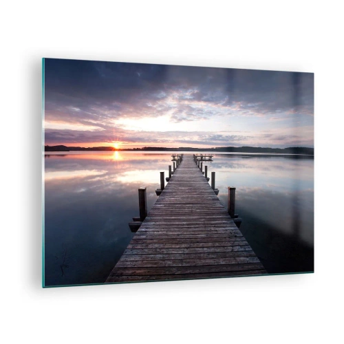 Glasbild - Bild auf glas - Holzsteg am See bei Sonnenuntergang - 70x50cm - Eine stille Grenze zwischen Tag und Nacht - Moderne Wanddekoration für Wohnzimmer und Schlafzimmer ARTTOR