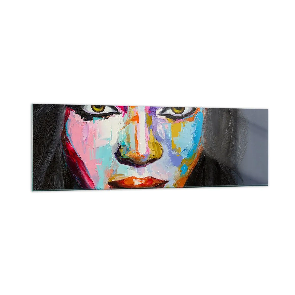 Glasbild - Bild auf glas - Ein farbenfrohes Porträt einer Frau mit intensivem Blick - 160x50cm - Es ist unmöglich die Augen abzuwenden - Moderne Wanddekoration für Wohnzimmer und Schlafzimmer ARTTOR