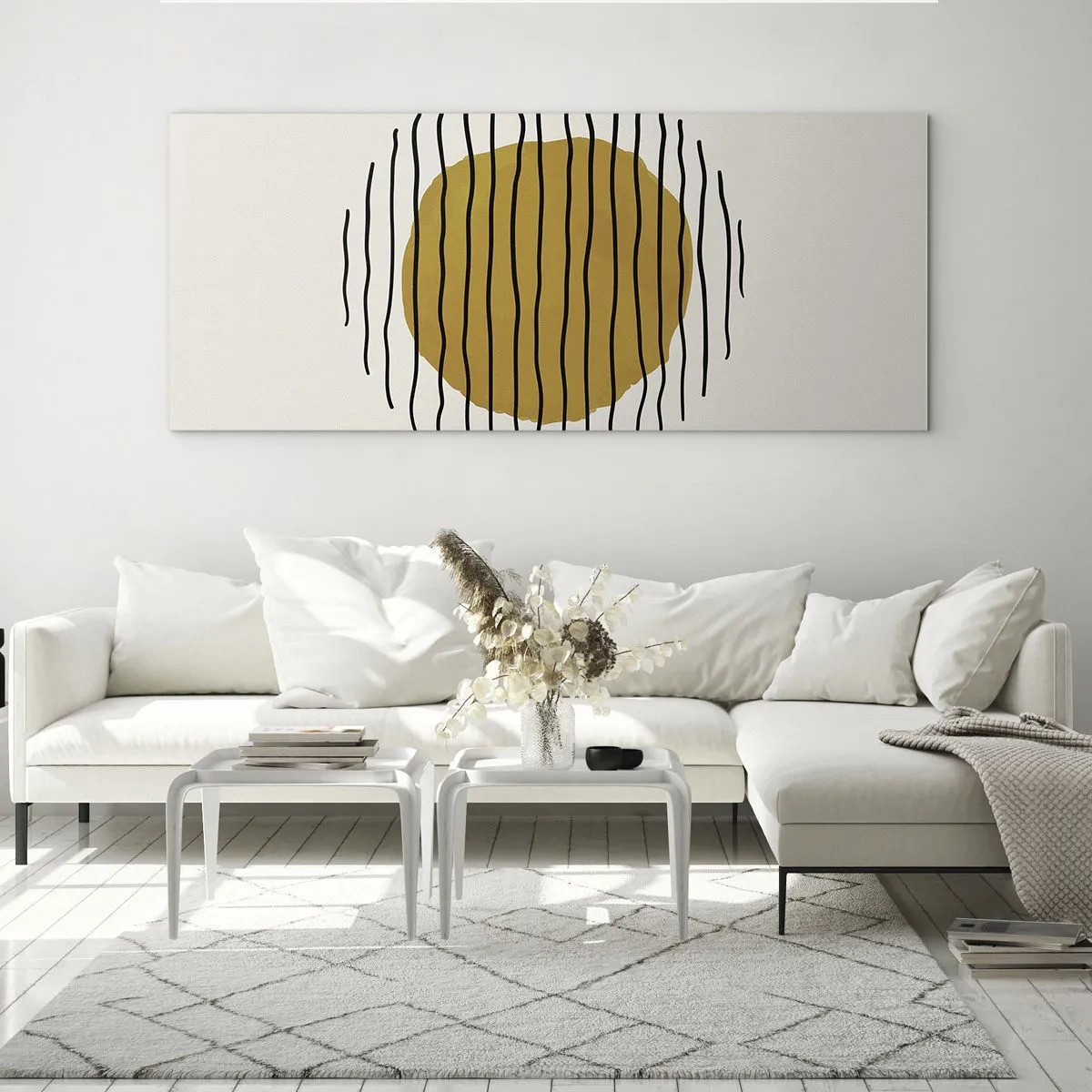 Glasbild - Bild auf glas - Ein minimalistisches Motiv mit einem gelben Kreis und schwarzen Linien. - 120x50cm - Abstraktion, die vor Hitze zittert - Moderne Wanddekoration für Wohnzimmer und Schlafzimmer ARTTOR