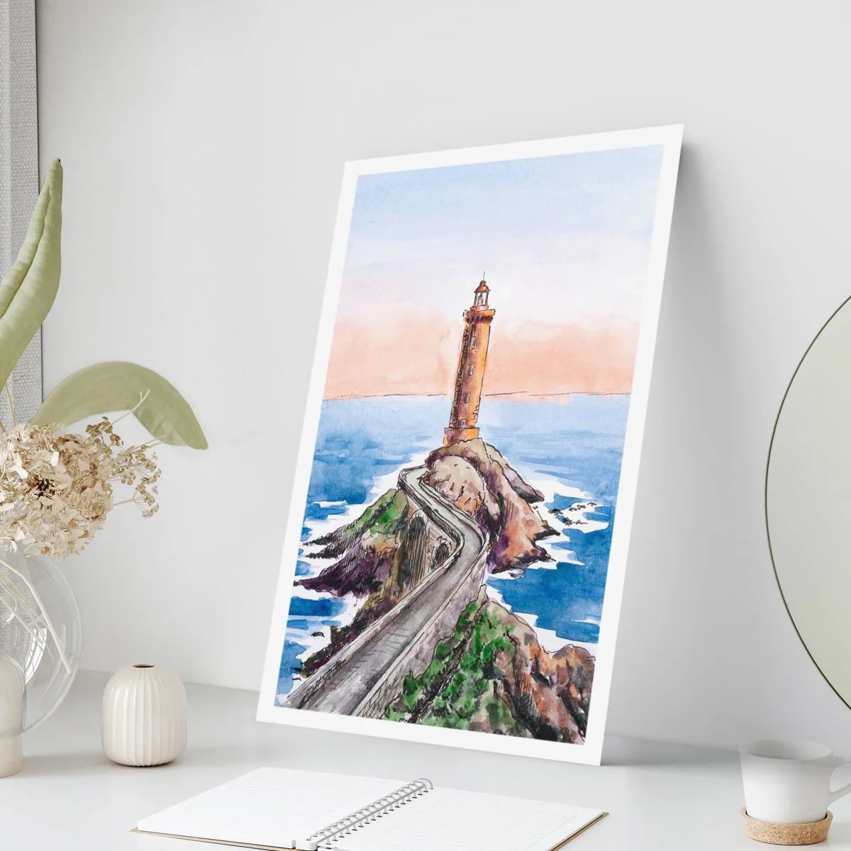 Poster - Aquarell-Illustration eines Leuchtturms an einer felsigen Küste - 50x70cm - Dem Meer zugewandt - Moderne Wanddekoration für Wohnzimmer und Schlafzimmer ARTTOR