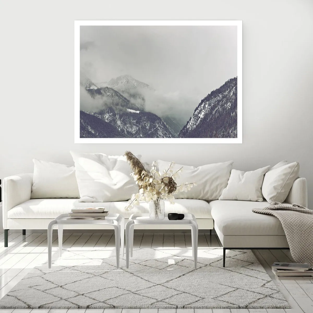 Poster - Ein in Nebel gehülltes Bergtal in Grautönen - 100x70cm - Nebliges Tal - Moderne Wanddekoration für Wohnzimmer und Schlafzimmer ARTTOR