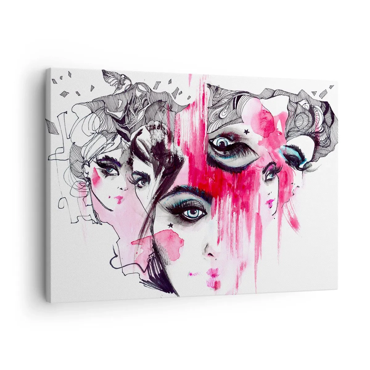 Bild auf Leinwand - Leinwandbild - Abstraktes Gesicht in Rosa- und Schwarztönen - 70x50cm - Abstrakte Augen - Moderne Wanddekoration für Wohnzimmer und Schlafzimmer ARTTOR