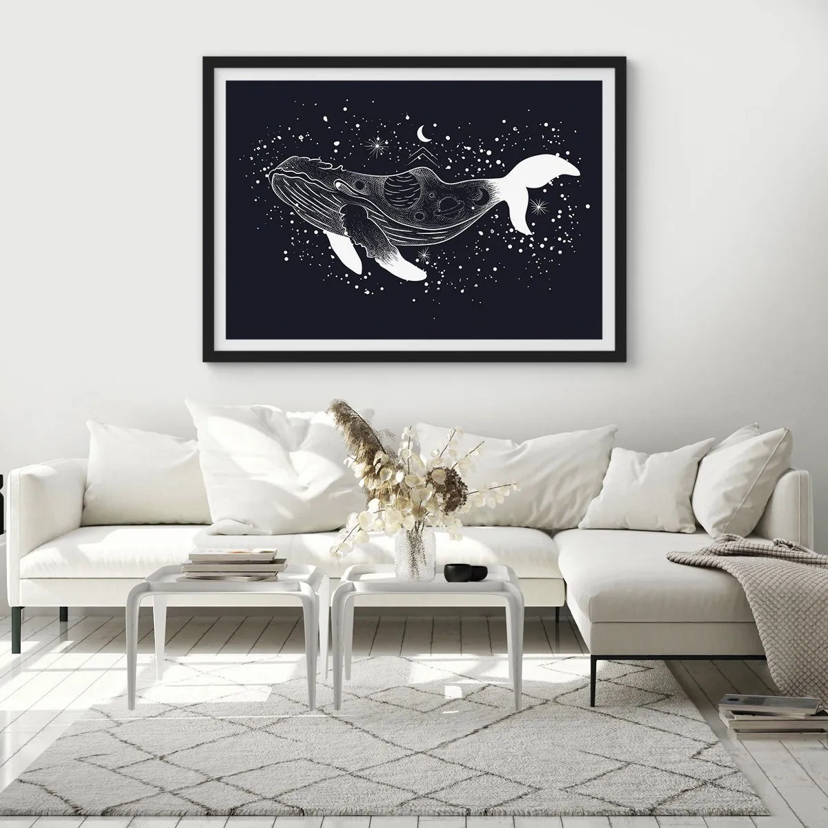 Poster in einem schwarzem Rahmen - Eine grafische Illustration eines Wals im Space-Age-Stil. - 70x50cm - Im Ozean des Universums - Moderne Wanddekoration für Wohnzimmer und Schlafzimmer ARTTOR