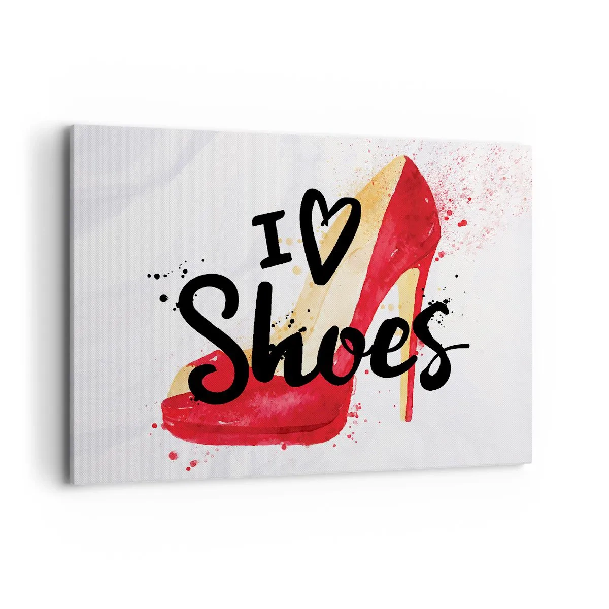 Bild auf Leinwand - Leinwandbild - Roter Stiletto mit der Aufschrift „I love Shoes“ auf weißem Hintergrund - 100x70cm - Liebe hat viele Namen - Moderne Wanddekoration für Wohnzimmer und Schlafzimmer ARTTOR