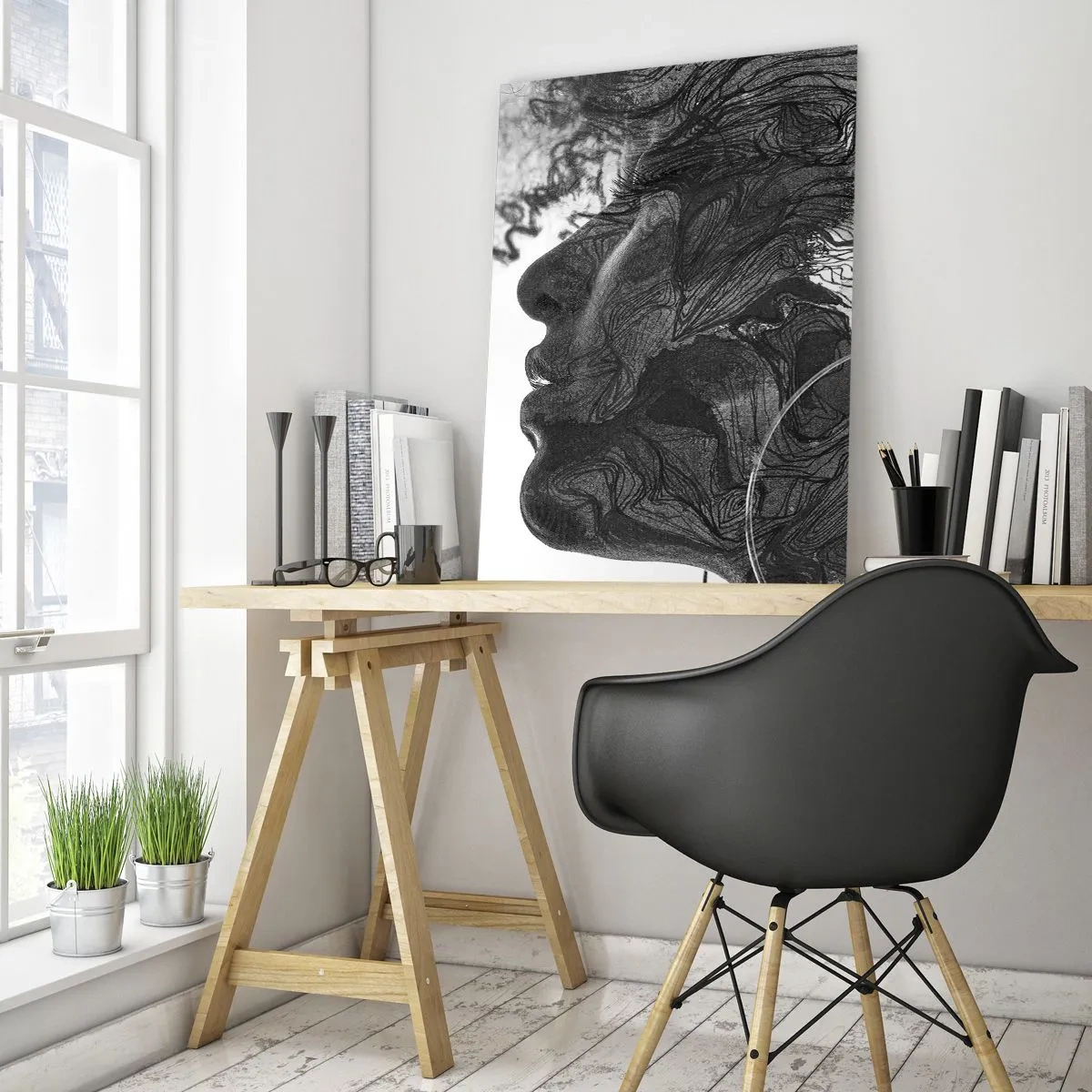 Glasbild - Bild auf glas - Abstraktes Gesicht in Schwarzweiß mit dynamischen Linien. - 80x120cm - Verstrickt in Träume - Moderne Wanddekoration für Wohnzimmer und Schlafzimmer ARTTOR