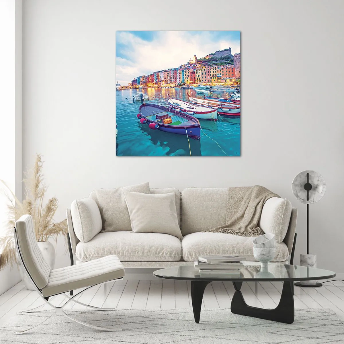 Glasbild - Bild auf glas - Bunter Abend im Hafen - 40x40 cm