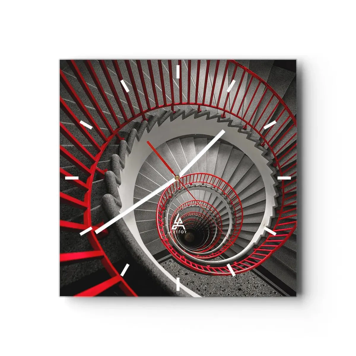 Wanduhr - Glasuhr - Wendeltreppe mit roten Handläufen in dynamischer Perspektive - 30x30cm - Architekturspaß - Moderne Wanddekoration für Wohnzimmer und Schlafzimmer ARTTOR