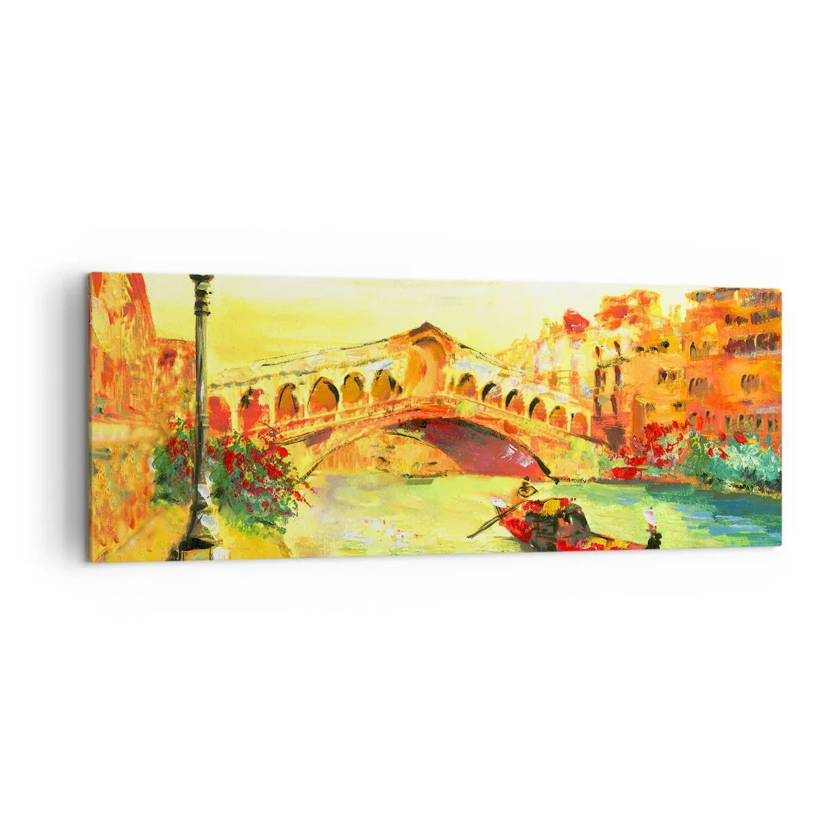 Bild auf Leinwand - Leinwandbild - Eine malerische Brücke über den Kanal mit einer Gondel im Licht der untergehenden Sonne - 140x50cm - Eine Pilgerreise der Liebenden - Moderne Wanddekoration für Wohnzimmer und Schlafzimmer ARTTOR