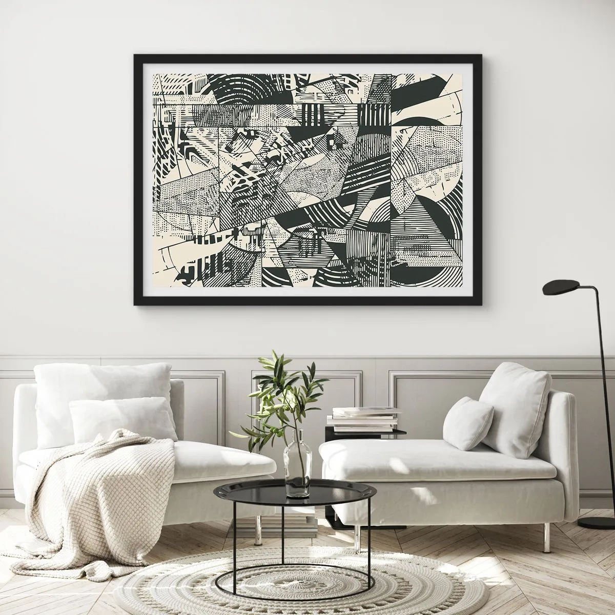 Poster in einem schwarzem Rahmen - Geometrische abstrakte Muster in Grüntönen auf hellem Hintergrund - 100x70cm - Die Dynamik der Gegenwart - Moderne Wanddekoration für Wohnzimmer und Schlafzimmer ARTTOR