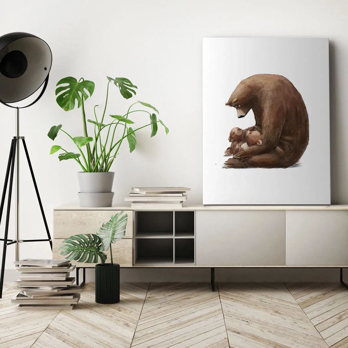Bild auf Leinwand - Leinwandbild - Eine Bärenmutter mit zwei kleinen Bären im Arm - 50x70cm - Süße Träume, Kinder - Moderne Wanddekoration für Wohnzimmer und Schlafzimmer ARTTOR
