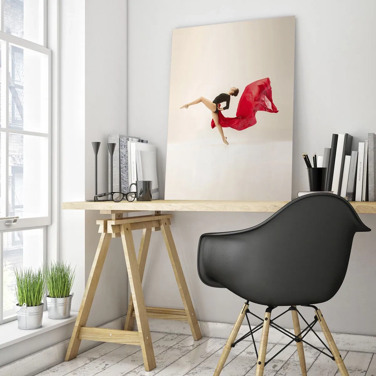 Glasbild - Bild auf glas - Eine Tänzerin im dynamischen Sprung mit rotem Stoff - 50x70cm - Rot und Schwarz - Moderne Wanddekoration für Wohnzimmer und Schlafzimmer ARTTOR