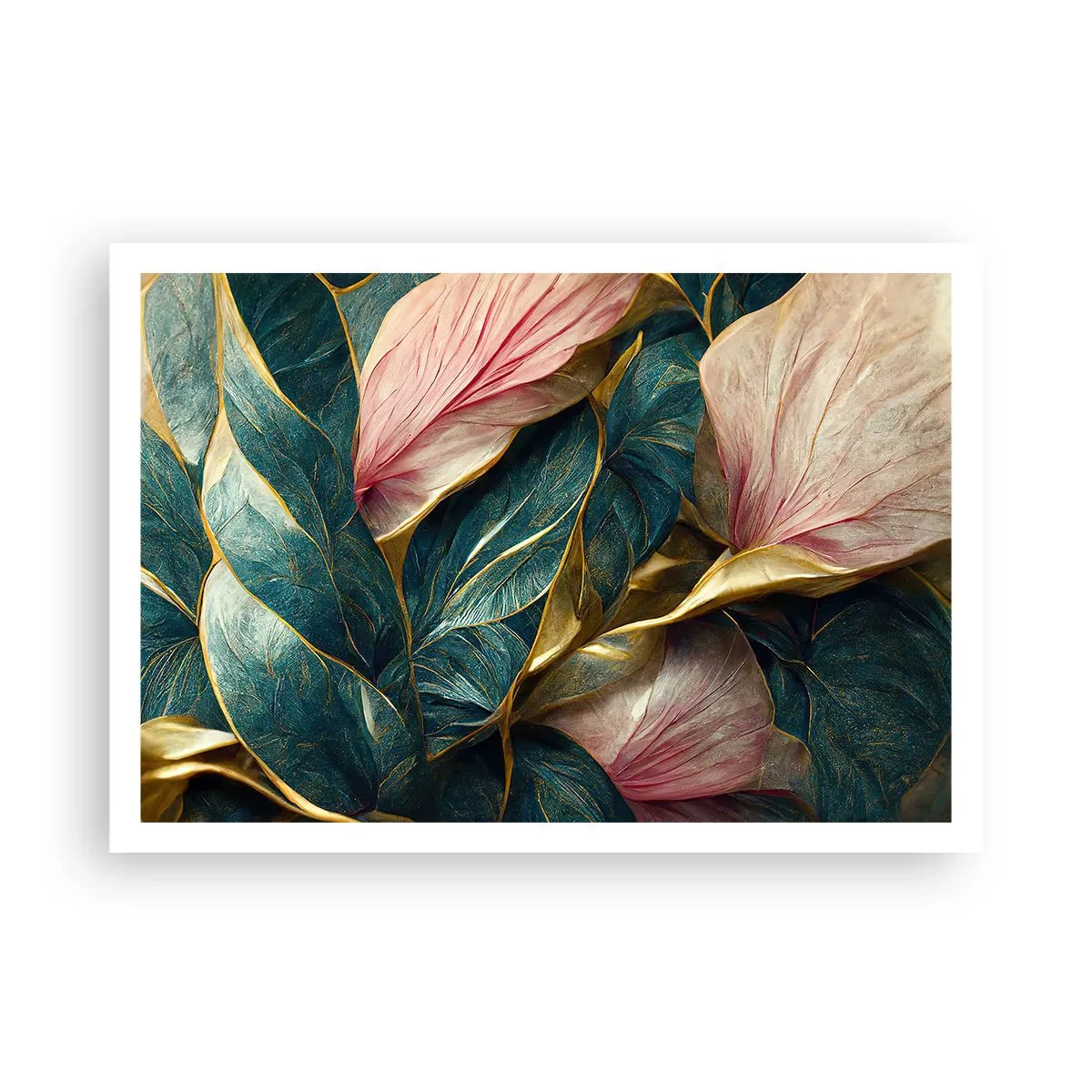 Poster - Elegante Blätter in Grün, Gold und Pink - 100x70cm - Natürliche Eleganz und Stil - Moderne Wanddekoration für Wohnzimmer und Schlafzimmer ARTTOR