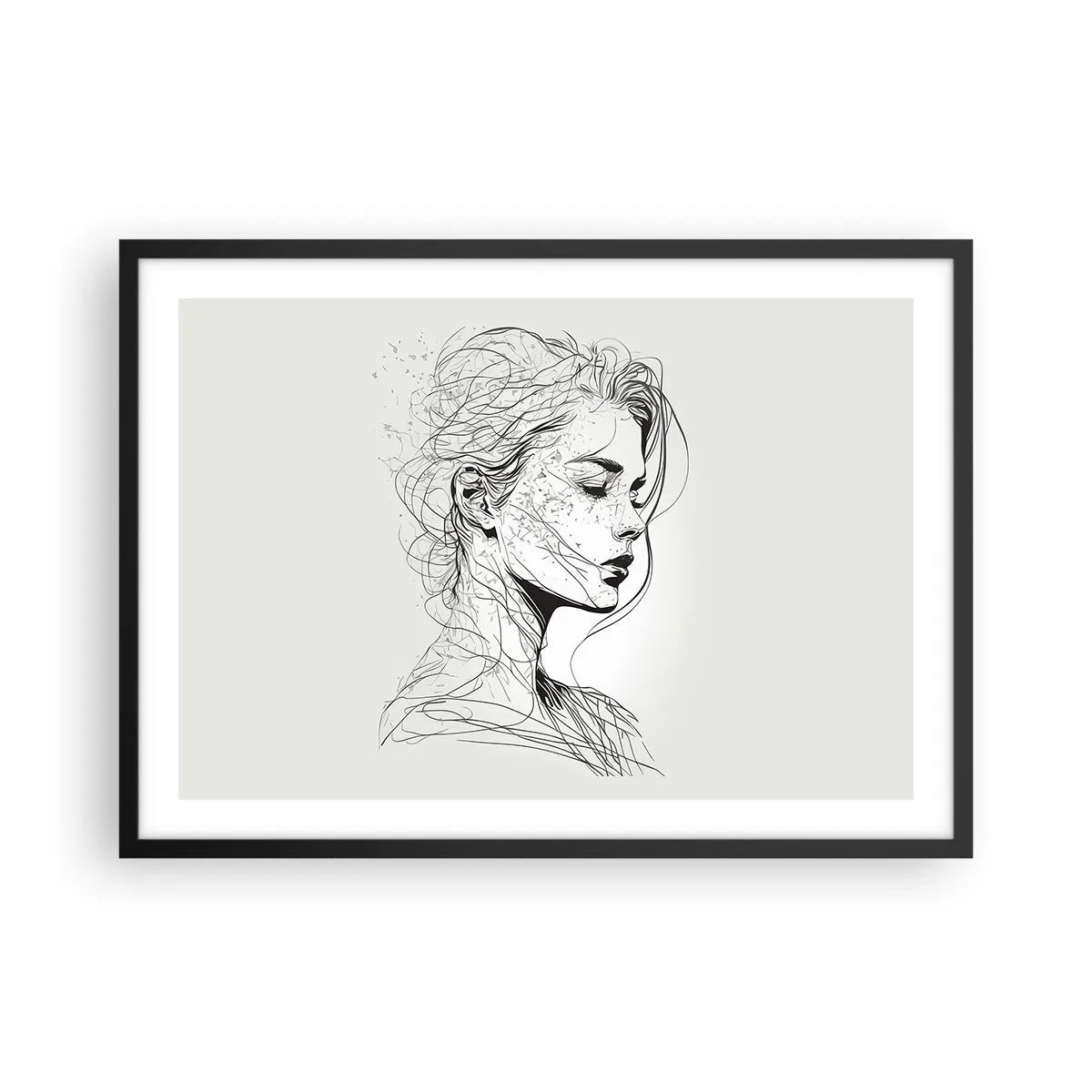 Poster in einem schwarzem Rahmen - Ein zartes Frauenporträt im minimalistischen Grafikstil. - 70x50cm - Porträt im Gedanken - Moderne Wanddekoration für Wohnzimmer und Schlafzimmer ARTTOR