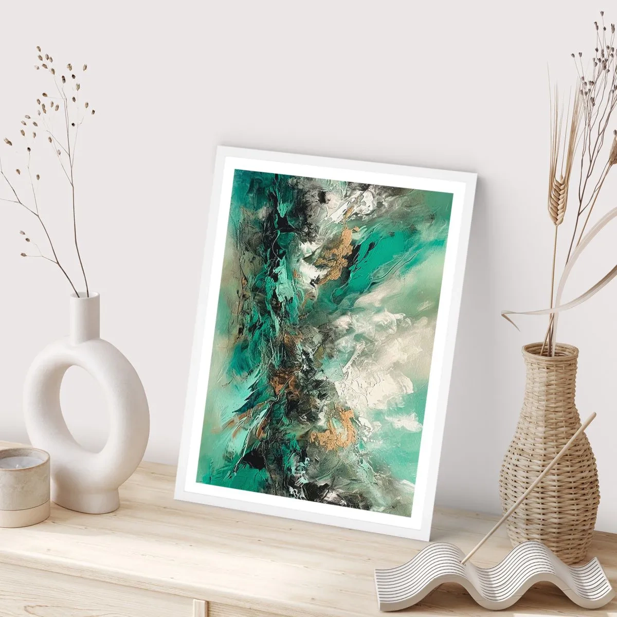 Poster in einem weißen Rahmen - Smaragdgrüne und schwarze Brandung - 30x40 cm