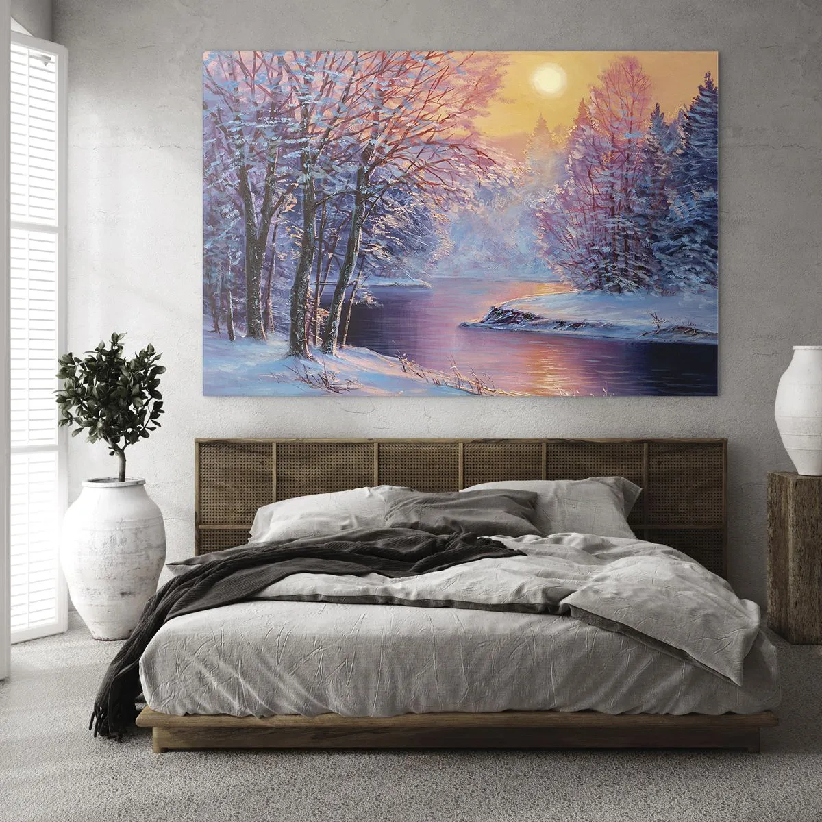 Glasbild - Bild auf glas - Winterlandschaft mit Fluss und Sonnenuntergang - 100x70cm - Die Farben des Winters - Moderne Wanddekoration für Wohnzimmer und Schlafzimmer ARTTOR