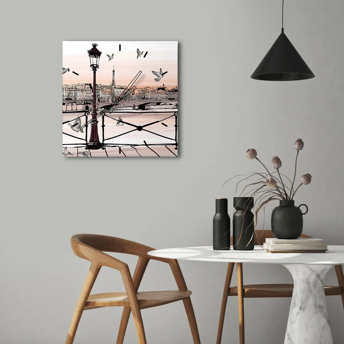 Wanduhr - Glasuhr - Pariser Ansicht mit einer Laterne und einer Brücke - 30x30cm - Über den Dächern von Paris - Moderne Wanddekoration für Wohnzimmer und Schlafzimmer ARTTOR