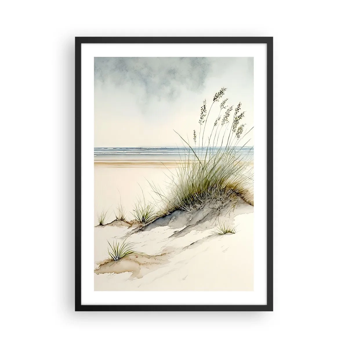 Poster in einem schwarzem Rahmen - Vom Wind gestreichelt - Gräser auf den Dünen am Strand - 50x70cm - Vom Wind verwöhnt - Moderne Wanddekoration für Wohnzimmer und Schlafzimmer ARTTOR